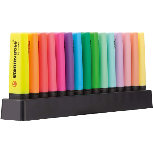 Quindici evidenziatori STABILO BOSS ORIGINAL (9 colori fluo e 6 pastello) venduti in un pratico deskset