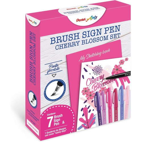 Set Brush Sign Pen Cherry Blossom Pentel Arts con 7 Pennarelli con Punta Pennello dei Toni del Rosa e Viola e Sketching Book