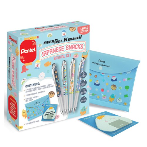 Set esclusivo di penne ricaricabili EnerGel Pentel, con design kawaii ispirati agli snack giapponesi e accessori coordinati